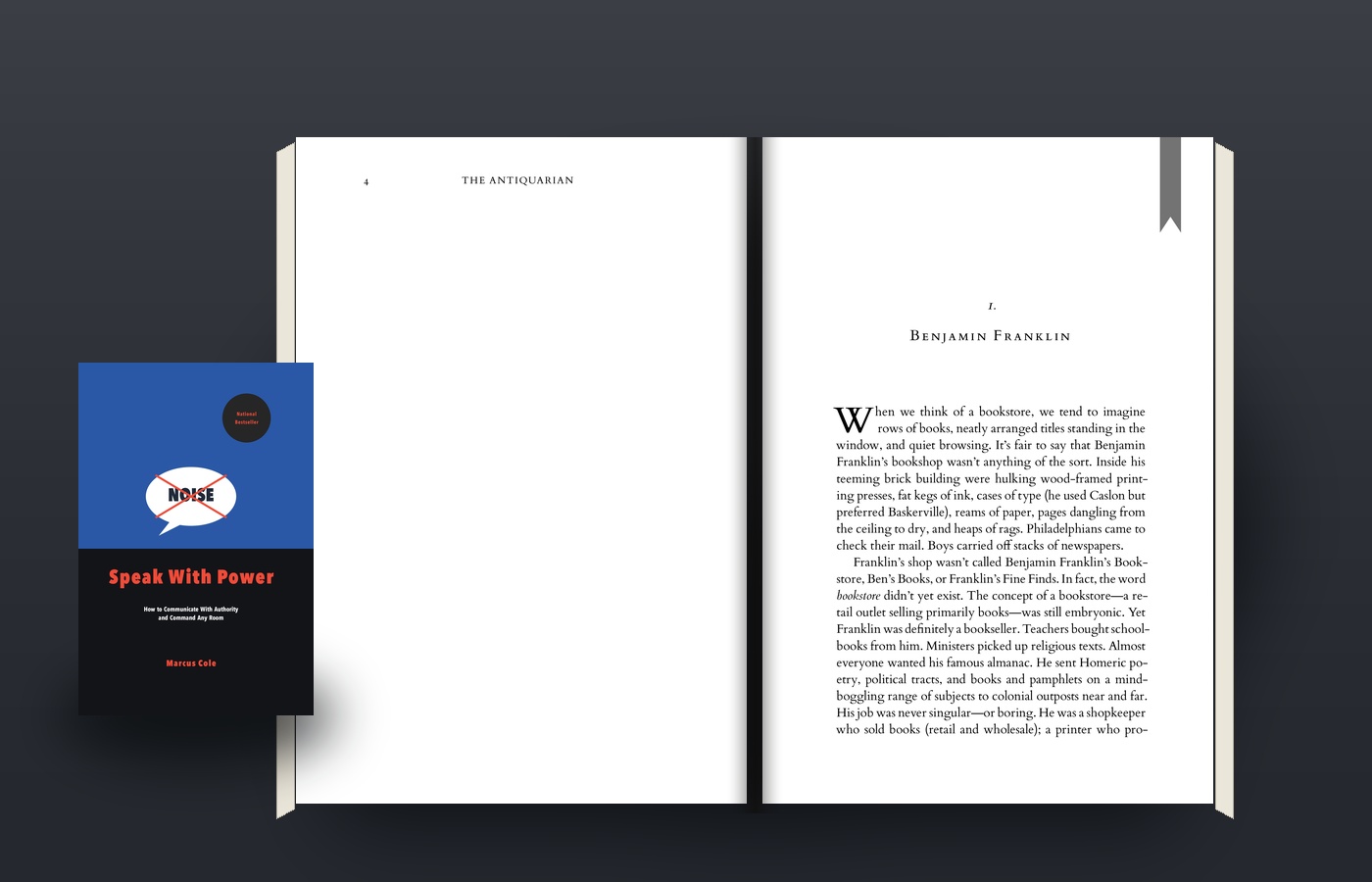 Open physical book mockup on an elegant study table showing ribbon bookmark flag and running headers