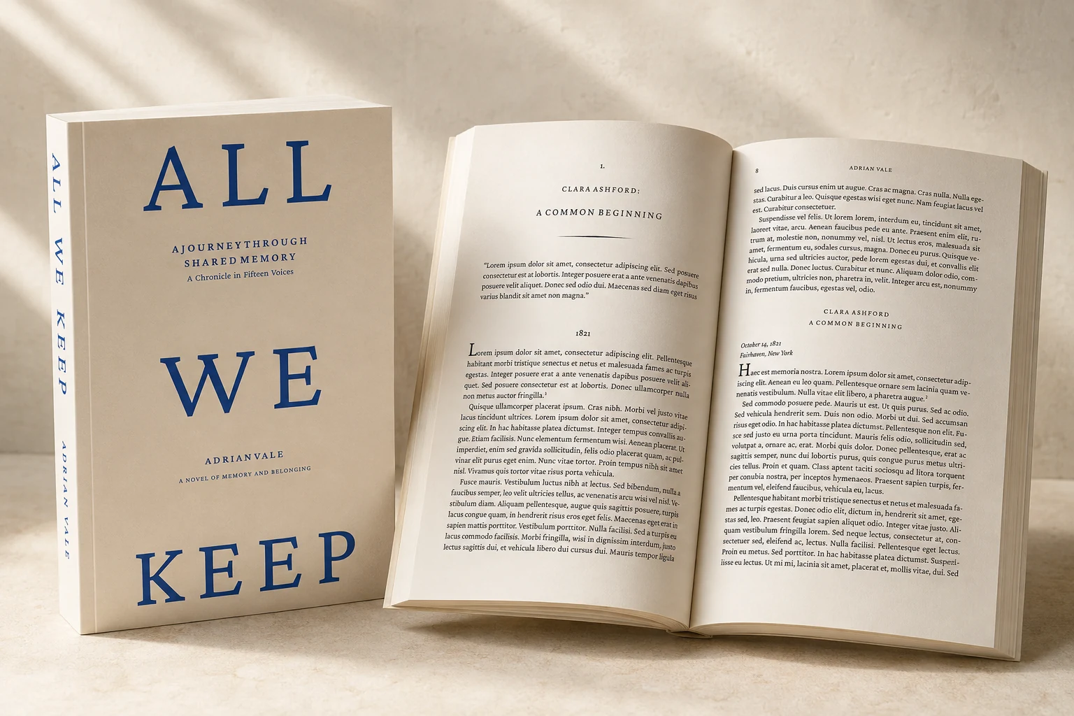 Civic Voices: illustrative mockup with a fictional book cover and open pages