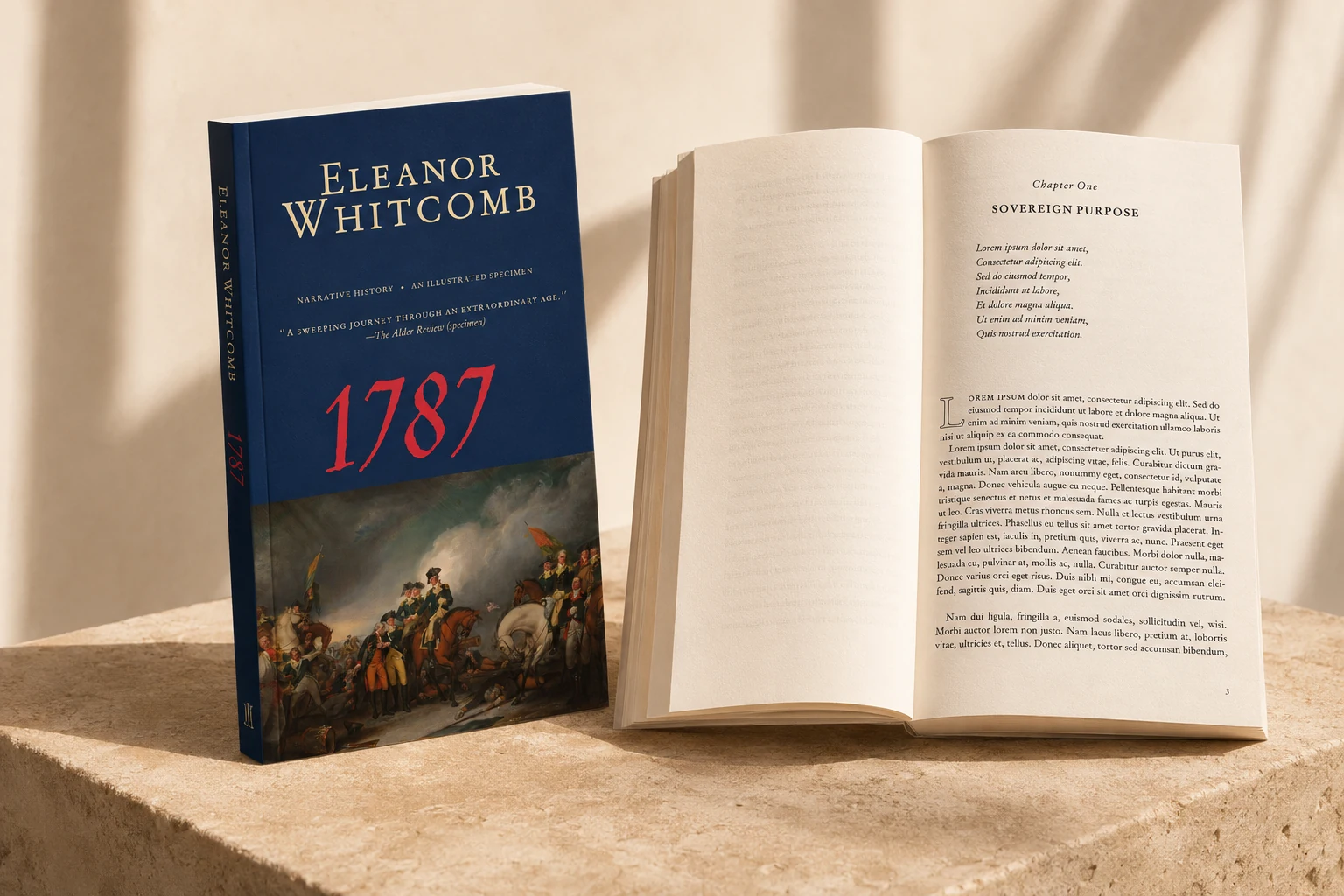 A navy and gold historical book beside its open chapter pages on warm stone; an illustrative template mockup