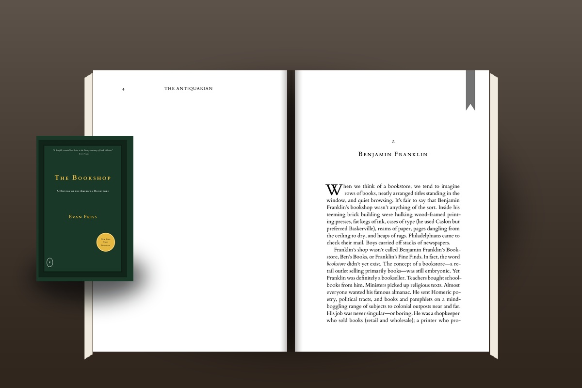 Penguin Folio open book mockup on walnut reading table with ribbon bookmark flag